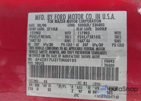 2001 Mazda B3000 Se из США, поврежденный, VIN 4F4ZR17U31TM00105